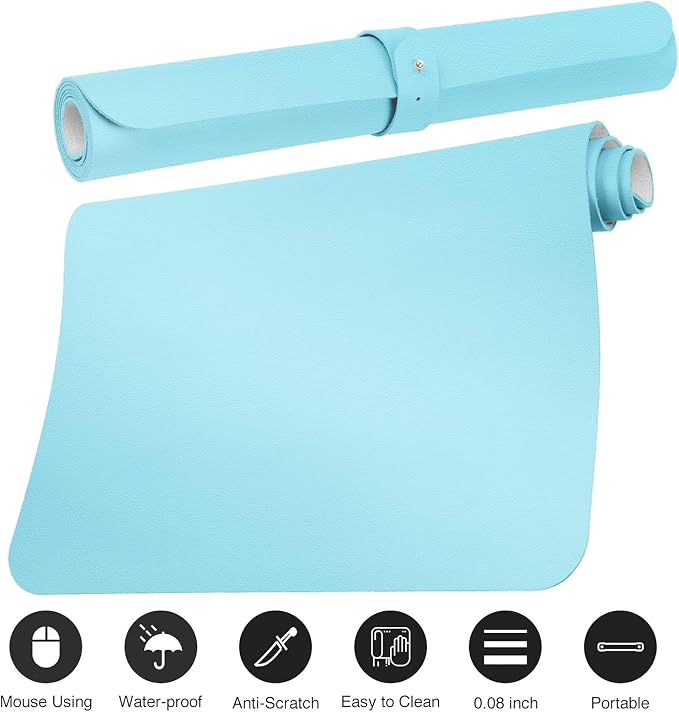 ‎Boutilon Leather Desk Pad Protector,Non-Slip Mouse Pad,Laptop Desk Pad,Office Mouse Mat,Waterproof Leather Desk Blotter,Desk Writing Pad for Office and Home (M-Light Blue,30"x14")