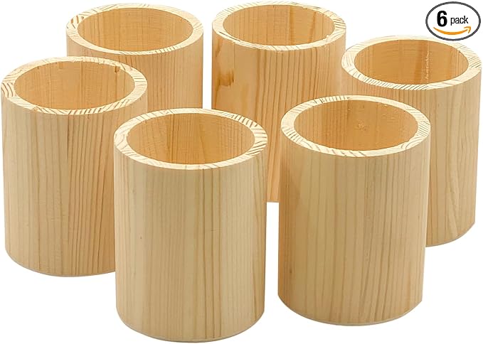 Cregugua 6-Pack 4 Inch Round Wood Pen Holder Unfinished Wooden Pencil Holder for DIY Crafts (3x3x4 Inches)