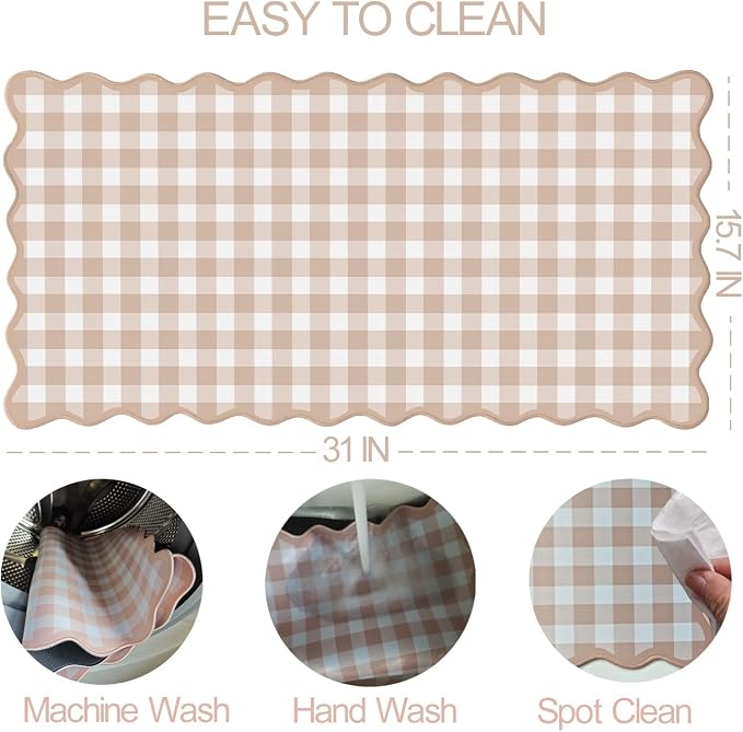 Scalloped‌ Checkered Desk Mat Cute Light Brown Gingham XXL Large Gaming Mouse Pad Farmhouse Cottagecore ‌Vintage‌ Keyboard Computer Mat Pad for Desktop Aesthetic Cozy Office Desk Decor