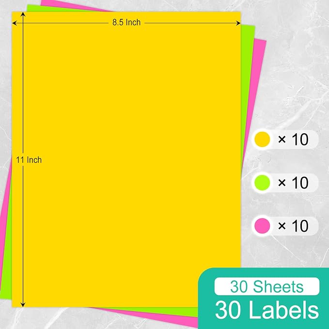 L LIKED 30 Fluorescent Full-Sheet Labels, 8-1/2" x 11" Neon Colored Self Adhesive Labels for Laser & Inkjet Printers - Green, Orange, Pink - 30 Sheets