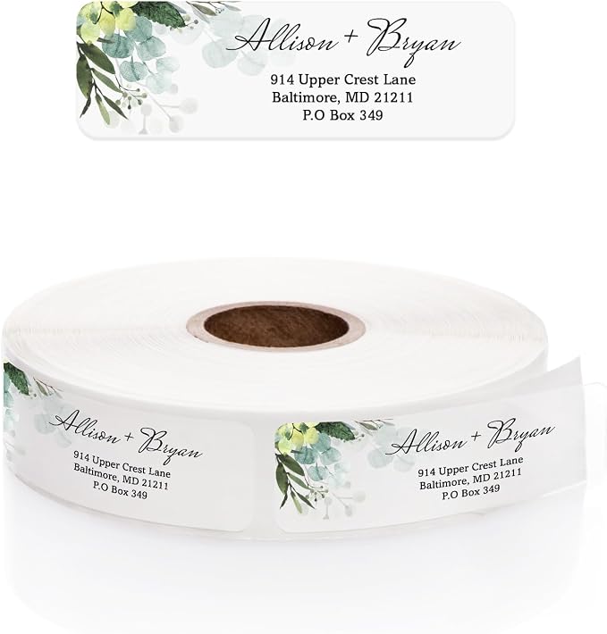 Clear Floral Greenery Rolled Address Labels / 500 Personalized Return Address Labels/Custom Address Stickers in Elegant Plastic Dispenser