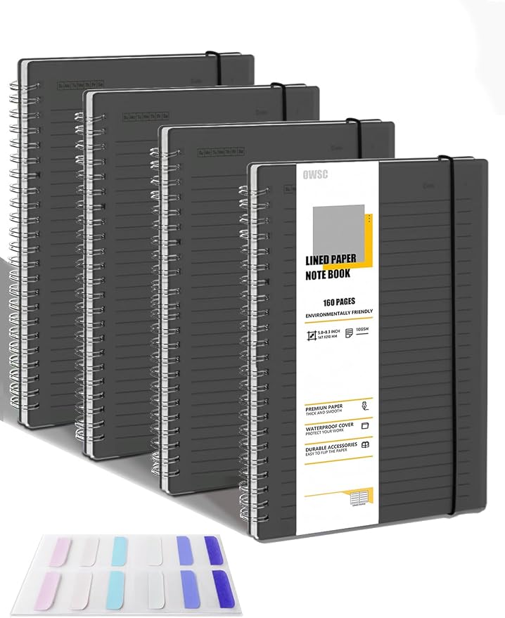 OWSC 4 Pack College Ruled Spiral Notebook Notebooks for Work A5 Lined Black | 5.9 x 8.3 IN Notebooks College Ruled for Note Taking, School and Journal with 80 Sheets/160 Pages 110 GSM Thick Papers