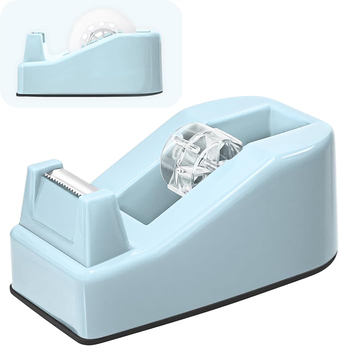 Desktop Office Tape Dispenser, Fits Standard 1-Inch Core Tapes, Weighted Non-Slip Base, Sharp Metal Blade, Smooth Cutting, Adhesive Roll Holder for Office, School, Shop, Home & Business - Blue