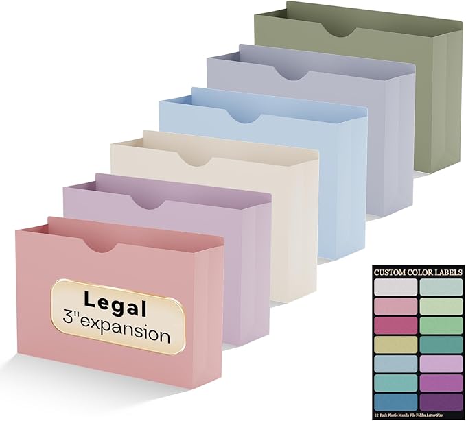 Plastic 3 Inch File Jackets Legal Size,12 Pack Manilla Pocket Folder | Expandable File Jackets for Document,Poly Job Folders File Jacket,Heavy Duty Expansion Pocket,Straight Cut Tabs,Pastel Color