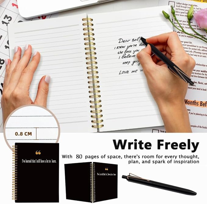 Quote Notebook with Pen Set "A Lot to Learn", A5 Spiral Inspirational Journal for Women Men, 160 Pages College Ruled Office Stationery, Growth Mindset Graduation Gift, Black & Gold