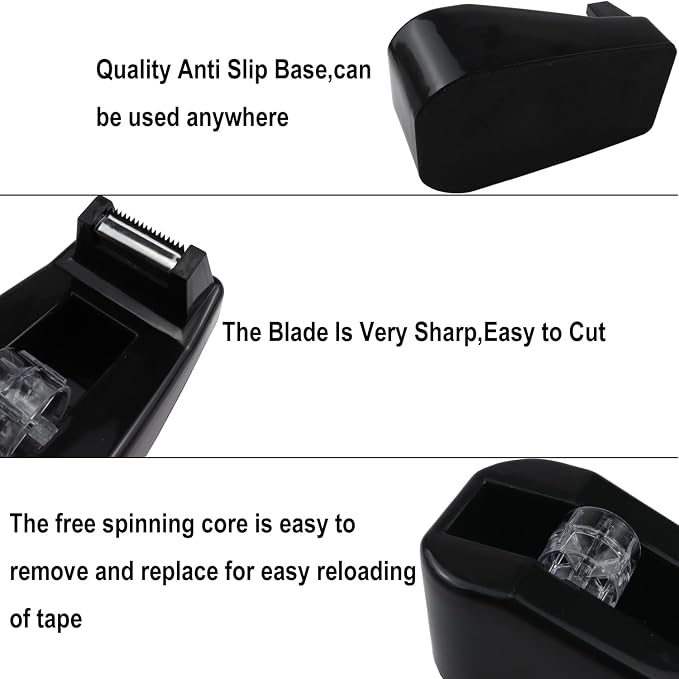Desktop Tape Dispenser,1 Pack Black Tape Dispensers with 12Rolls Transparent Tape, for Packaging in Office,Restaurant, Flower Shop,Cake Shop (Black)