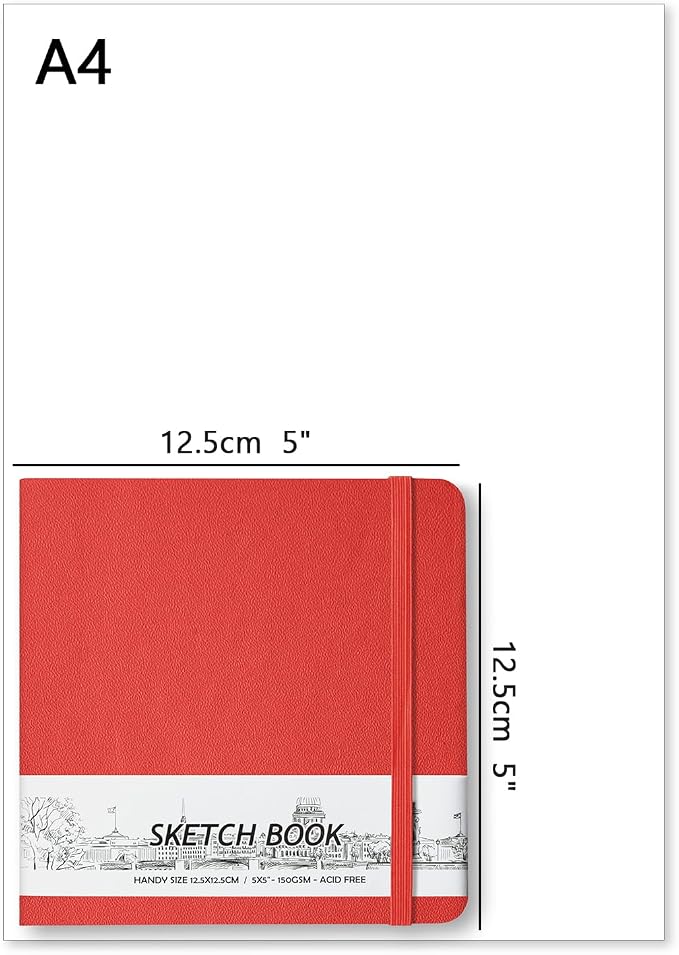 qianshan 5" x 5" Hardcover Sketch Book,Small Mixed Media Sketch Pad,58 Sheets 150GSM Acid-Free Artist Drawing Paper,Travel Journal Blank Notebook for Adults Painting,Illustration,Art Supplies.Red