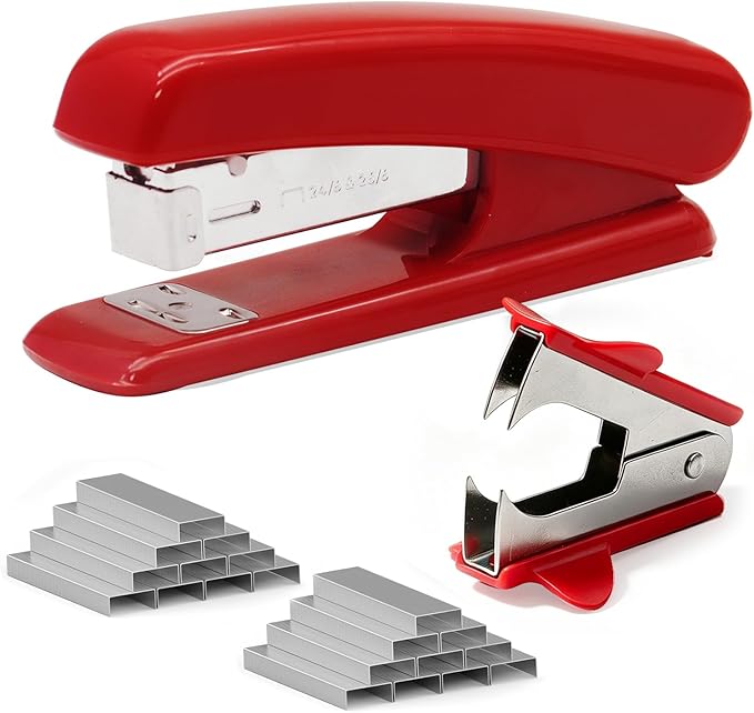 Red Office Stapler, 25 Sheet Capacity with 2000 Staples and Staple Remover, Desktop Stapler, Red Office Supplies for Students and Office Clerks