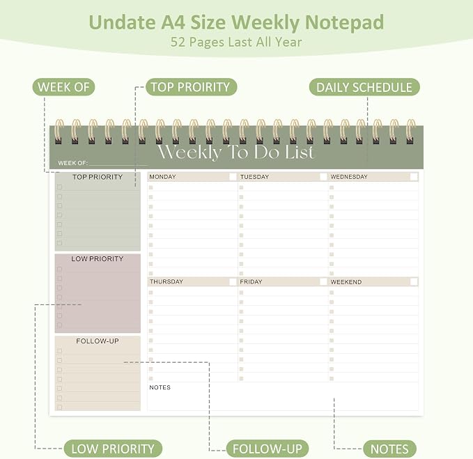 Weekly To Do List Notepad, 52 Undated Sheets (8.5"×11"), Undated Weekly Planner for Women & Men, Desk Accessories and Supplies for Office, Home, and School
