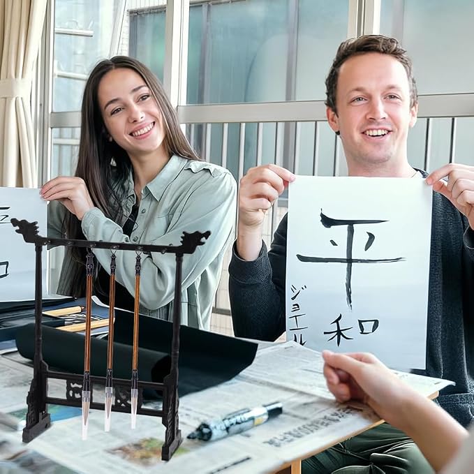 PH PandaHall 12-Pin Brush Holder Resin Brush Holder Chinese Calligrapghy Brushes Hanger Carving Calligraphy Sumi Holder with 3pcs Wood Chinese Calligraphy Brushes Pen for Students and Beginners