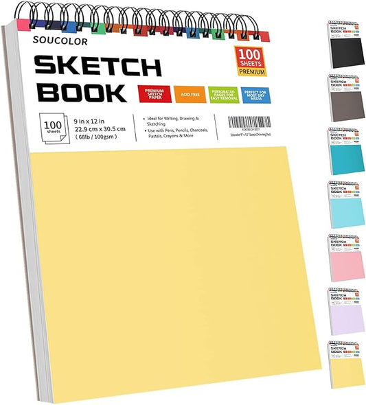 Soucolor 9x12 Spiral Sketch Book,100 Sheets, Acid-Free Drawing Pad for Kids | Top spiral-bound sketchbook with 68lb acid-free paper,micro-perforated pages, and flat-lay design,for all artists