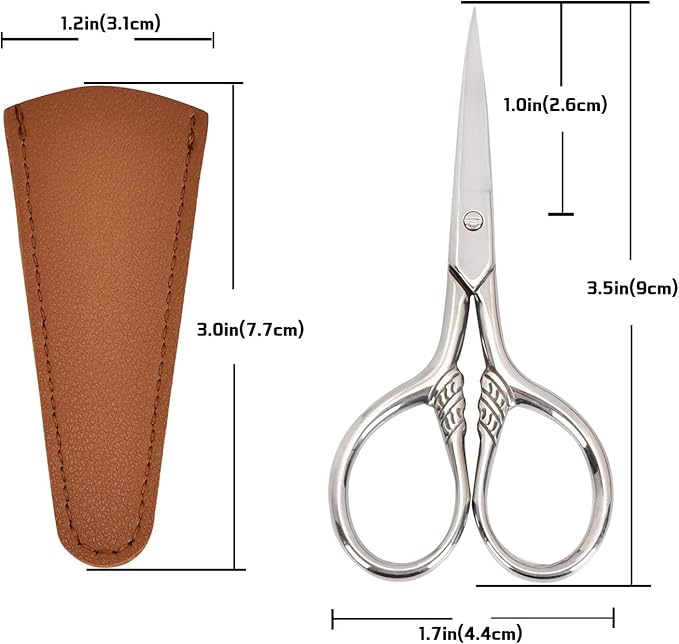 Small Facial Hair Scissors, Stainless steel (silver) Straight Tip Snips Beauty Grooming Kit for Eyebrows, Beard, Ear, Nose, Moustache Trimming with PU Case