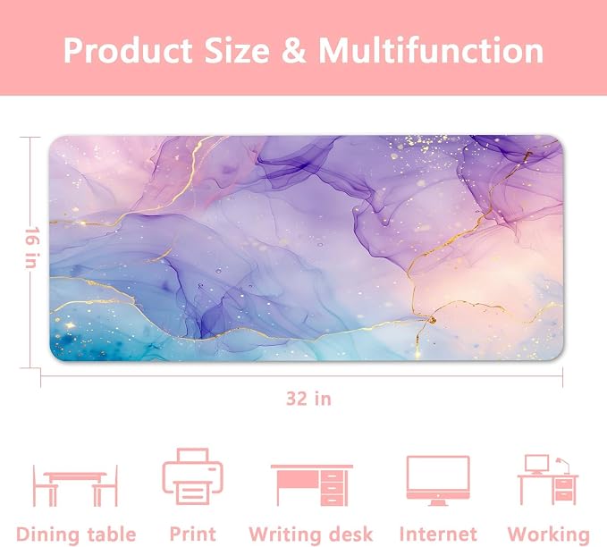 Britimes Teal Mauve Marble Desk Mat Watercolor Golden Purple Deak Pad Non-Slip PU Leather Large Keyboard Mouse Pad Office Desktop Accessories for Office,Work,Home Decor(31.5"X15.7")