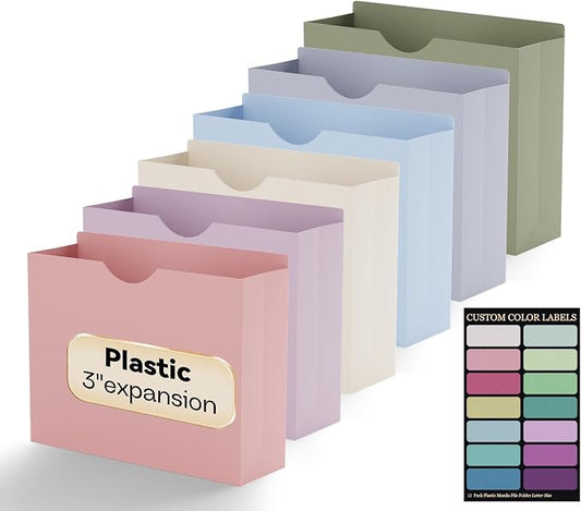 Plastic 3 Inch File Jackets Letter Size,Heavy Duty Expansion Pocket | 12 Pack Manilla Pocket Folders,Expandable File Jackets for Document,Straight Cut Tabs,Pastel Poly Job Folder File Jacket