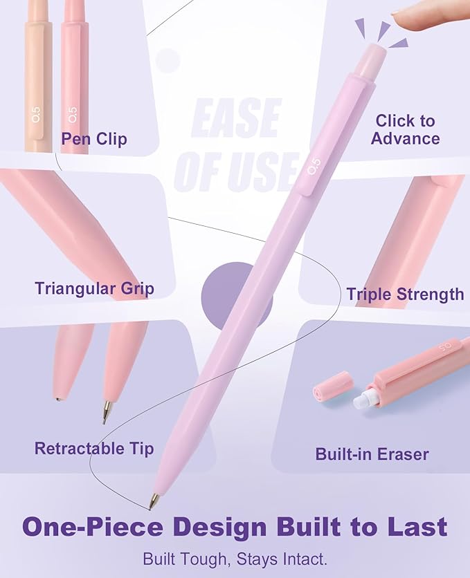 Aesthetic School Supplies with Cute Pencil Case, 12x Pastel Mechanical Pencils 0.5 & 0.7mm with 720x HB Leads, 4x Erasers and 1x Sticky Note, Suitable for Writing, Drafting Drawing Sketching(purple)