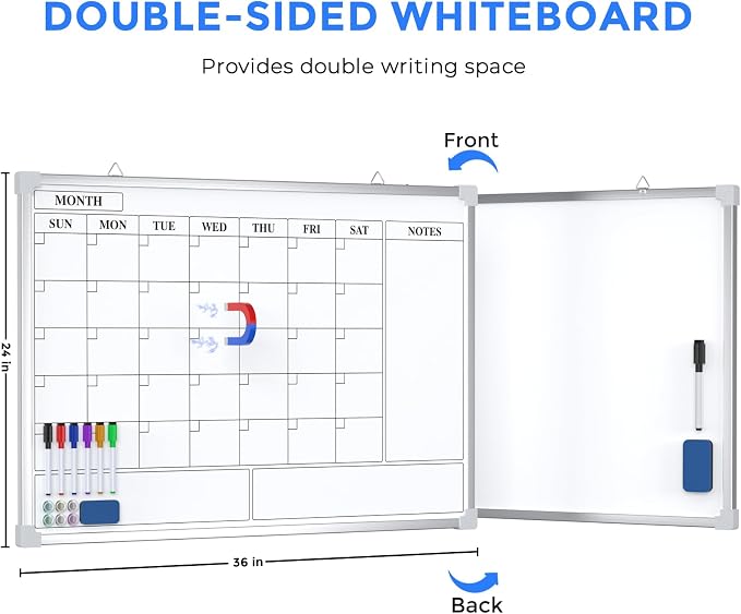 MaxGear Double Sided Magnetic Dry Erase Board Calendar, 36" x 24" | Aluminum Frame Whiteboard for Wall, Double-sided, Monthly Planner, 6 Markers & 6 Magnets included, portable for Home, Office