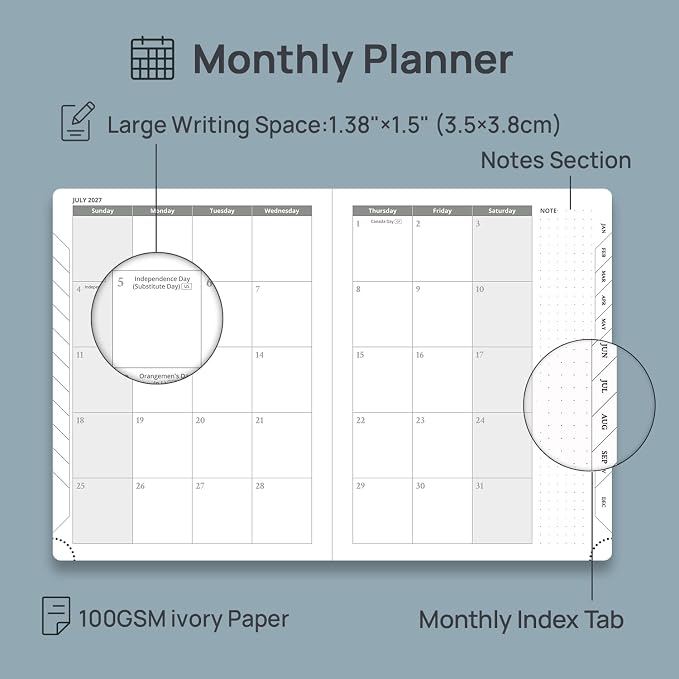 POPRUN 2027 Planner (Medium 6.75"x 8.75"), Weekly and Monthly Planner | Daily Calendar Book Jan.2027 - Dec.2027, Appointment Book with Monthly Tabs, Leather Hardcover, Inner Pocket - Navy Blue