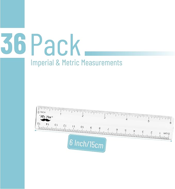 Mr. Pen- Bulk Plastic Rulers, 6 Inch, 36 Pack, Easy-to-Read Markings | Scratch-Resistant Design, Durable Clear Ruler for Crafting Office & School, School Supplies, Bulk Rulers Set, Measuring Tools