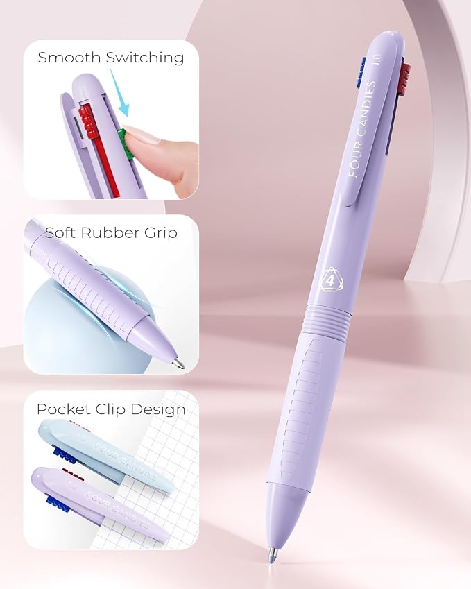 Four Candies Multicolor Pens, 4-in-1 Retractable Pens, 9 Count | Retractable Multi Color Pens Fast Dry, Smooth Writing for Planners and Journaling, Nurse Accessories for Work