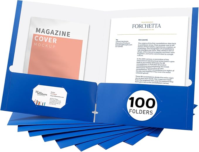 Zzrywuty File folders with Pockets,Blue Two folders for documents,100 Pack Paper Folders with Card Slot,Letter Size,School Students,Business,Home and Office Workers