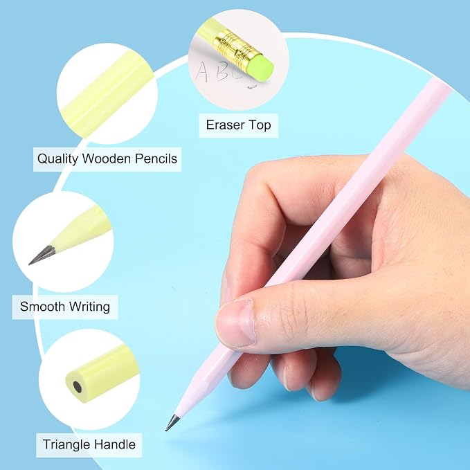 PATIKIL Round Pencils, 24 Pcs Triangle HB Graphite Pencil Wooden Pencils with Eraser for Classroom Office Writing Drawing Supplies, Yellow