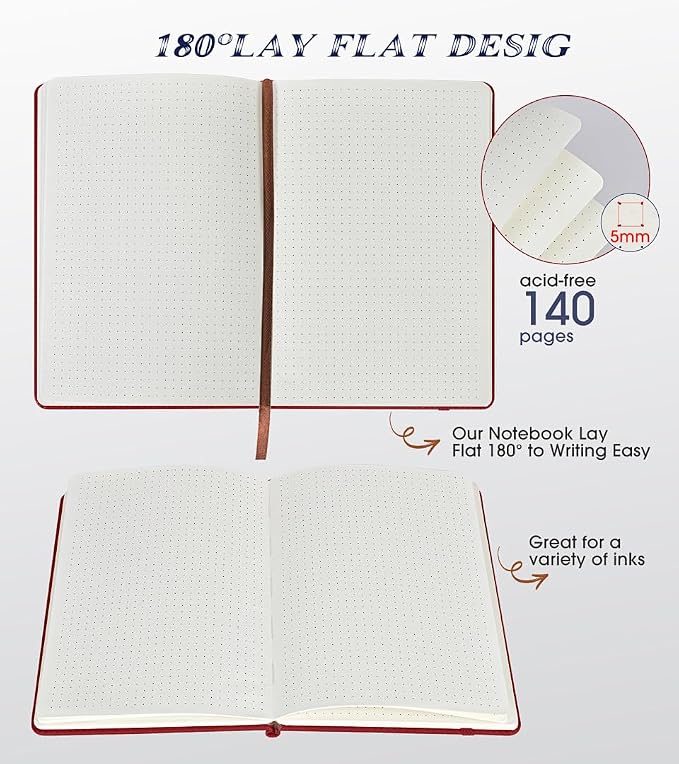 Biuwory Dotted Journal Notebook, 140 Dot Grid Pages, Medium 5.7"×8.3" | A5 Hardcover Vintage Leather Journal for Women Men, Dot Grid Paper Notebook for Work School Travel, Bullet Journaling Writing