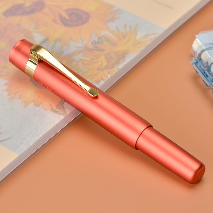 HONG DIAN M2 Black Forest Mini Fountain Pen, Fine Soft Golden Nib & Sleek Shape Aluminium Short Pocket Travel Pen (Orange Red)