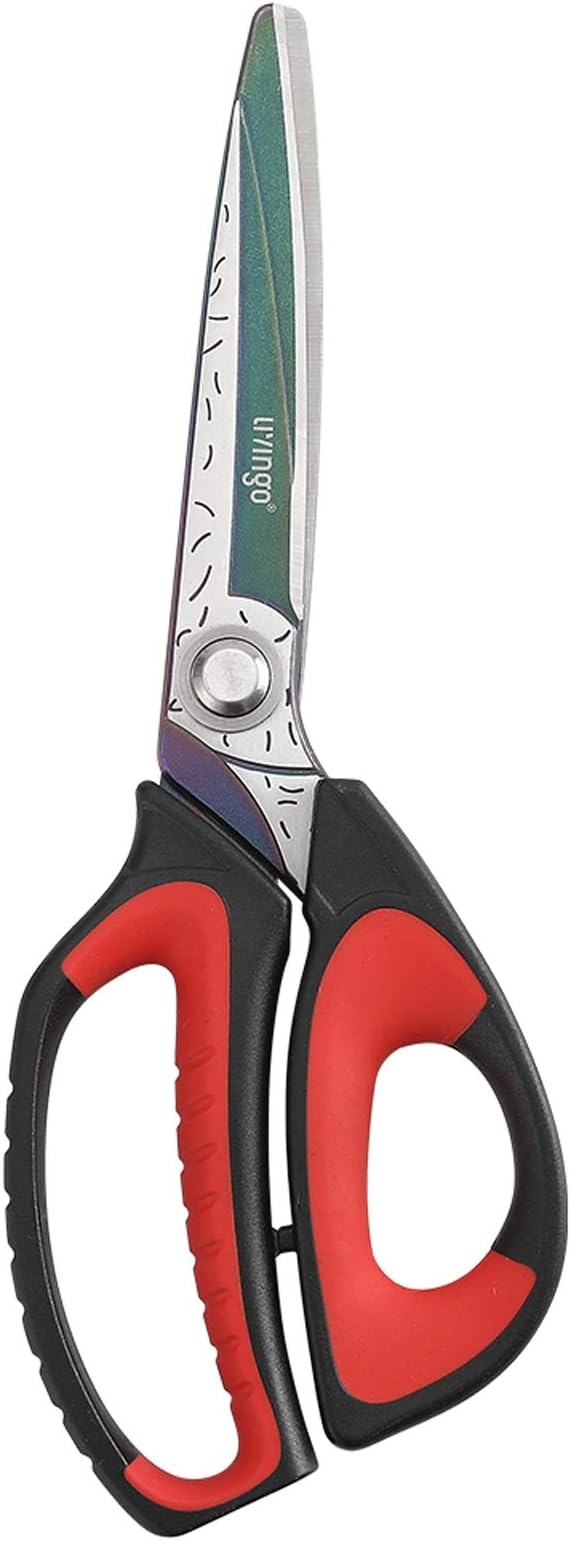 LIVINGO 10" Heavy Duty Multipurpose Shears for Shop & Garden (Red/Black) | Forged stainless steel with titanium coating. Cuts fabric, cardboard, pruning branches, household materials. Rust-resistant.