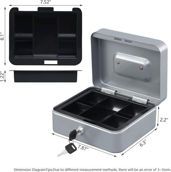 KYODOLED Medium Cash Box with Money Tray,Small Safe Lock Box with Key,Cash Drawer,7.87"x 6.30"x 3.54" Lightgrey Medium