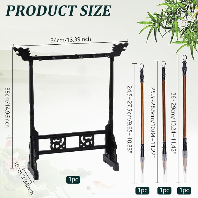 PH PandaHall 12-Pin Brush Holder Resin Brush Holder Chinese Calligrapghy Brushes Hanger Carving Calligraphy Sumi Holder with 3pcs Wood Chinese Calligraphy Brushes Pen for Students and Beginners