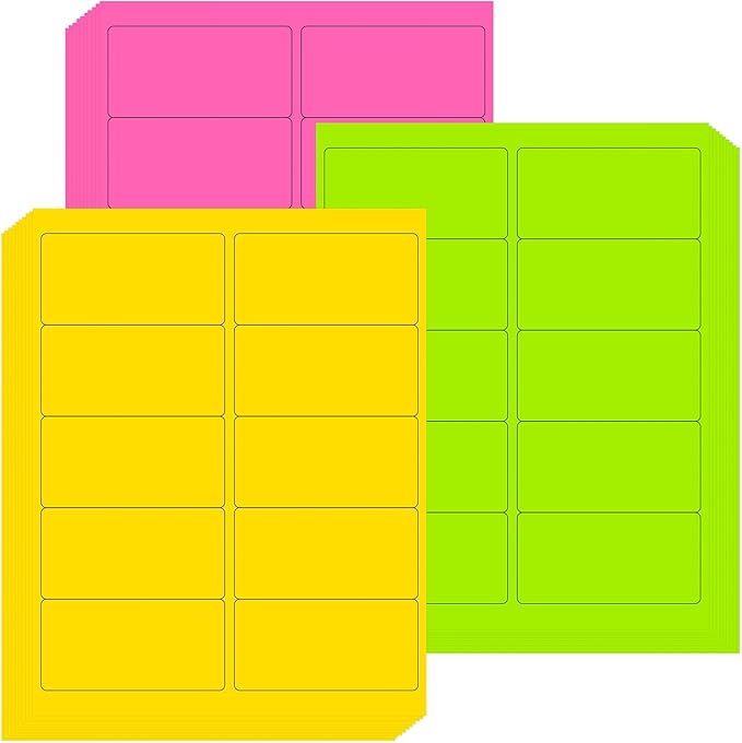 LLIKED 300 Fluorescent Address Labels 2" x 4" - Bright Neon Shipping Stickers for Packages, Envelopes and Organizing - Laser & Inkjet Printer Compatible - Green, Yellow, Pink - 30 Sheets