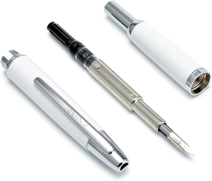 Jinhao 10 Press Fountain Pen with Box, Pearl White Retractable Fine Nib with Converter Set (Silver Clip)