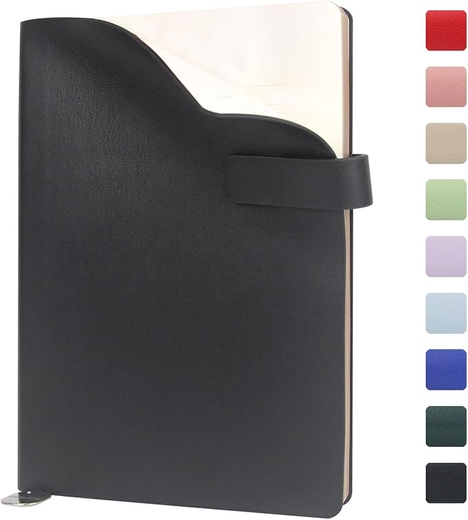 A5 Soft Cover Lined Notebook, Pen Holder & Gold Edges, 180° Lay Flat Journal, Large 5.7 x 8.4 in, Bookmark & Gift Box, Business Notebook for Work, Study, Travel(Black)
