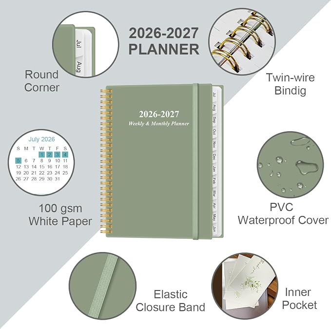 2026-2027 Planner - Planner 2026-2027 from July 2026 to June 2027 with 12 Monthly Tabs, Flexible Cover, Inner Pocket, 8.5" x 11", Green-B