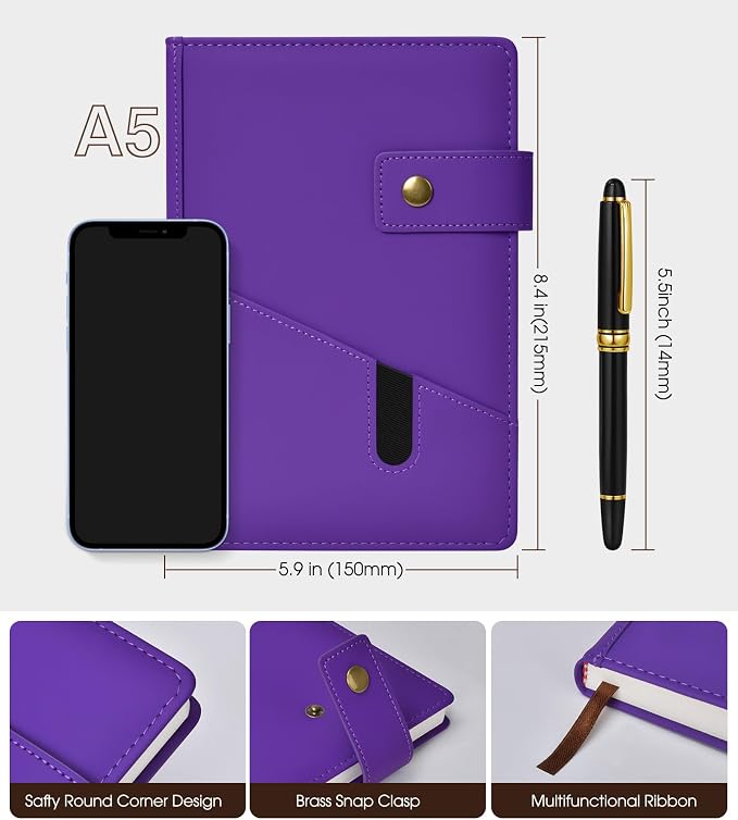 Lined Journal Notebook with Pen, A5 Personalized Hardcover Leather Journal for Men Women, 200 Pages 100 GSM Thick Paper College Ruled Notebooks for Work Travel School Writing Diary 5.9" X 8.4" Purple