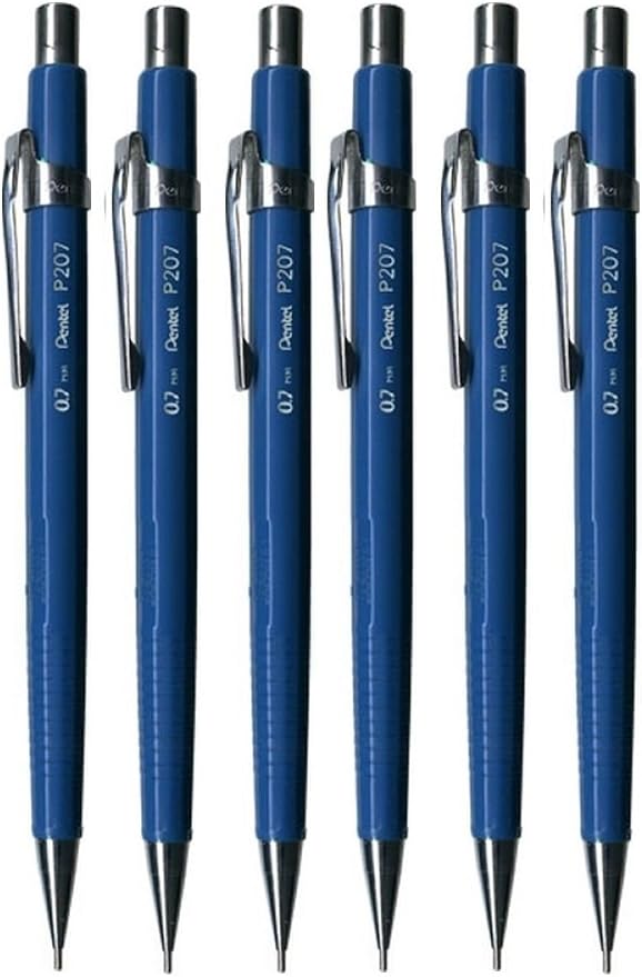 Pentel 0.7mm (P207) Blue P200 Series Automatic Mechanical Draughting Pencil Refillable Lead Eraser P207-C (Pack Of 6)