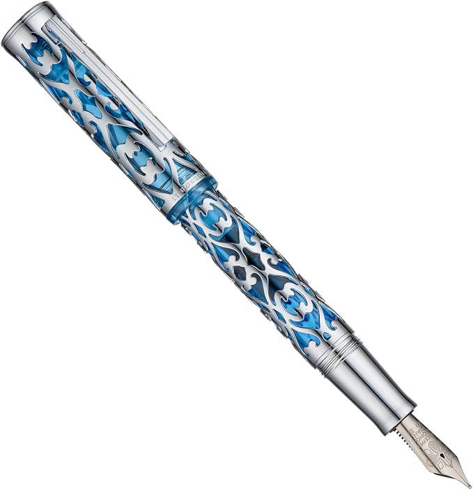 HONG DIAN D1 Piston Fountain Pen Extra Fine Soft Nib, Silver Blue Hollow Skeleton & Resin Pen with Metal Case Set