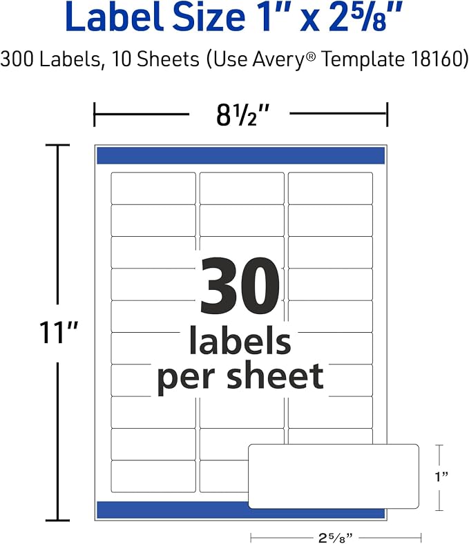 Avery Easy Peel Printable Address Labels, Sure Feed Technology, 1" x 2-5/8" Customizable Stickers, White, 300 Blank Mailing Labels, Great for Mailing, Shipping, and More (18160)