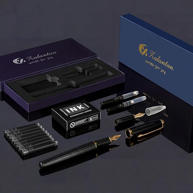 Fountain Pen,Elegant Fountain Pens with 2 Nib(F/EF) 8 black ink cartridges,Fancy Pen for Journaling and Calligraphy,Nice Pens for Writing,Calligraphy Pen,Writing Pen Gift box (Black)