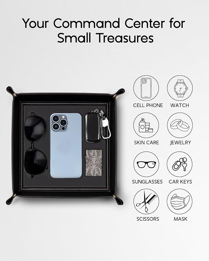 VLANDO Valet Tray, Foldable PU Leather Catchall Tray, Black | Valet Tray for Men, Nightstand, Dresser, Desk, Entryway and Travel Organizer for Keys, Wallet, Watch, Phone, Glasses and EDC