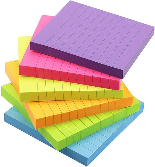 Early Buy Lined Sticky Notes 3x3, 6 Bright Colors, 6 Pads, 100 Sheets/Pad | 6 Bright Colored Lined Sticky Pads, Self-stick Repositionable Design, Great for lists, Memos, and Daily Organization