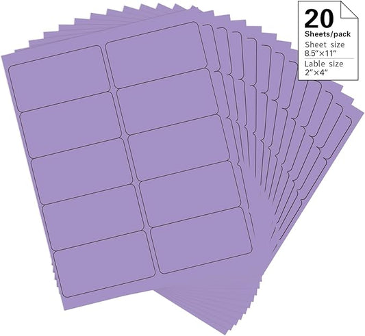 2" x 4" Colored Address Labels, 200 Bright Purple Label Stickers- Laser/Ink Jet Printer Mailing Labels, 8.5"x11" 20 per Sheet