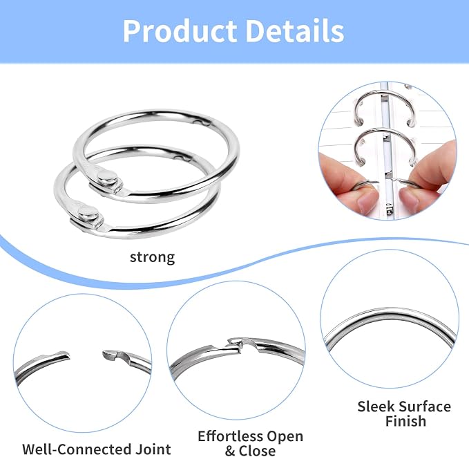 100 Pack-1 inch GIUCNOK Binder Rings, Loose Leaf Binder Book Rings, with Metal Nickel Plated for Key, and Index Cards, Premium Ring Clips, Paper Rings, for School, Home or Office, Silver