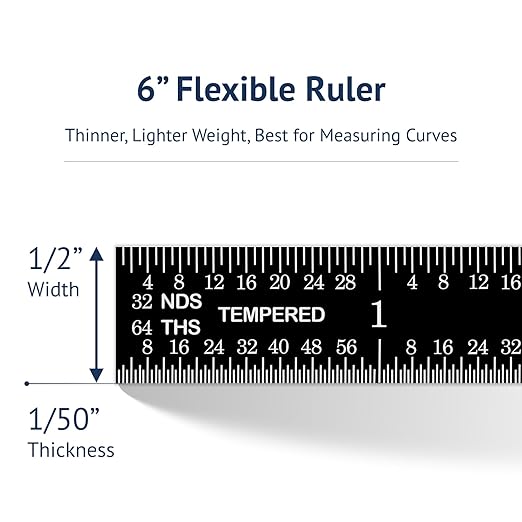 PEC Tools 6-inch Flexible Metal Ruler (5 Pack), High Contrast Machinist Rule, 4R Graduation (1/8", 1/16", 1/32", 1/64"), 6" Stainless Steel Ruler with Black Chrome Finish, Easy to Read, Made in USA
