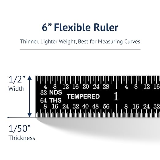 PEC Tools 6" Stainless Steel Flexible Metal Ruler with Black Chrome Finish, 4R Graduaction (1/8", 1/16", 1/32", 1/64"), High-Contrast Imperial Machinist Rule, Easy to Read, Made in USA
