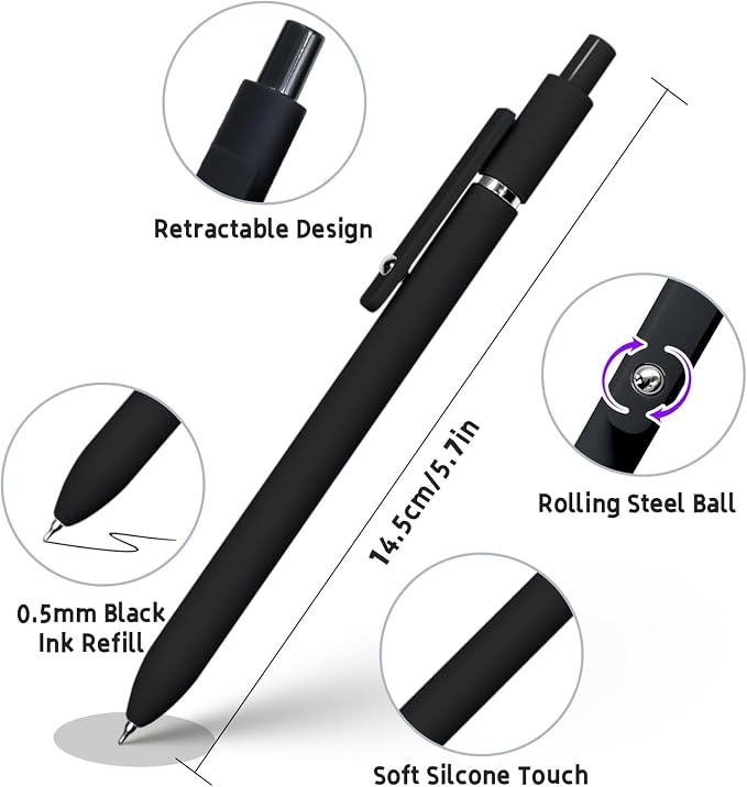 UIXJODO 6 Pcs Gel Pens 0.5mm Quick Dry Black Ink Pens Fine Point Smooth Writing Pen, Cute Office and School Supplies Gifts for Women Teacher Students (6 Pcs Black White Grey Silver)