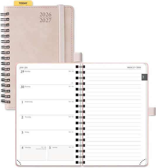 POPRUN Pocket Planner 2026-2027 (JUL 26-JUN 27), Purse Size 4" x 6.25", Small Pocket Calendar for Purse, Academic Weekly and Monthly Calendar with Ruler, Spiral Softcover, 100GSM - Pink