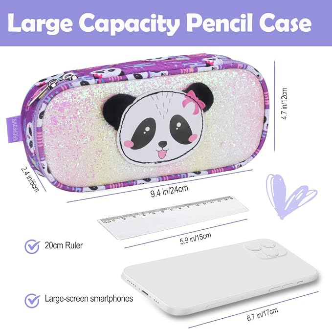 RHCPFOVR Kids Pencil Case for Girls-Soft Zipper Large Capacity Pencil Pouch for Girls Pencil Case for School Pencil Bag for Toddler (Purple-Panda)