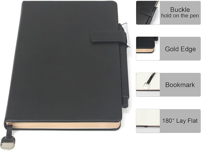 A5 Hard Cover Dot Grid Notebook, Pen Holder & Gold Edges, 180° Lay Flat Journal, Large 5.7 x 8.4 in, Bookmark & Gift Box, Business Notebook for Work, Study, Travel(Black)