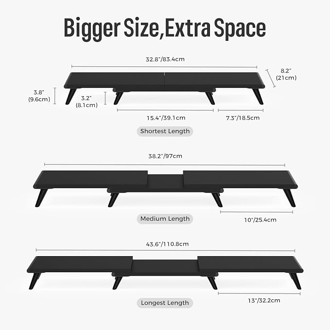 loukin Dual Monitor Stand Riser for Desk, 43.6"×8.2" Computer Stand, Black | Supports 22 lb, No Installation Required, Water-Resistant Surface, Fits Laptops and Printers, Ergonomic Design